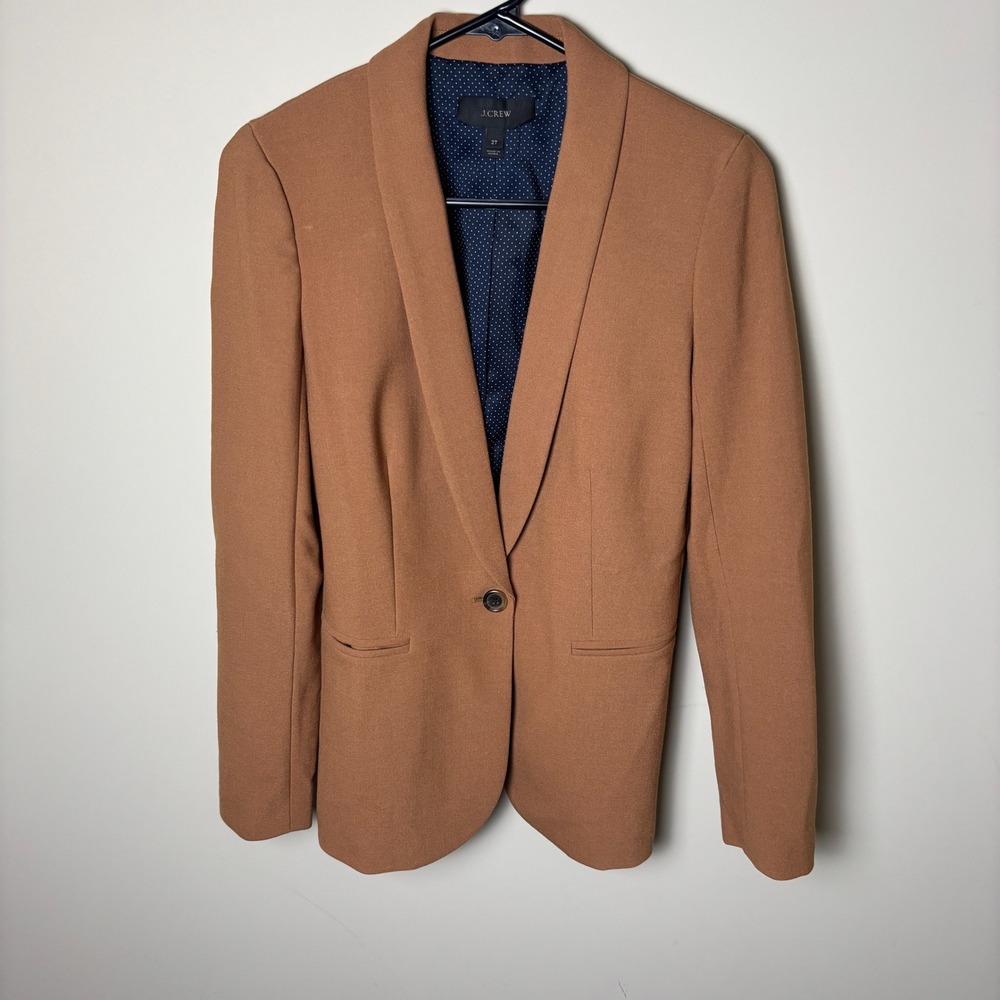 J Crew Camel Brown Wool Single Button Polka Dot Lining Blazer Womens Size 2 US